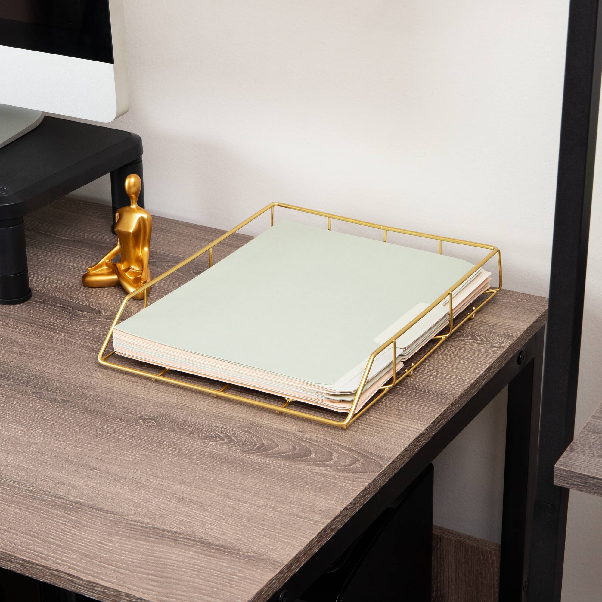Mind Reader Gold Geometric Paper Tray, Modern Organizer for Documents, Folders, and Office Supplies, Durable and Stylish, Metal, Gold